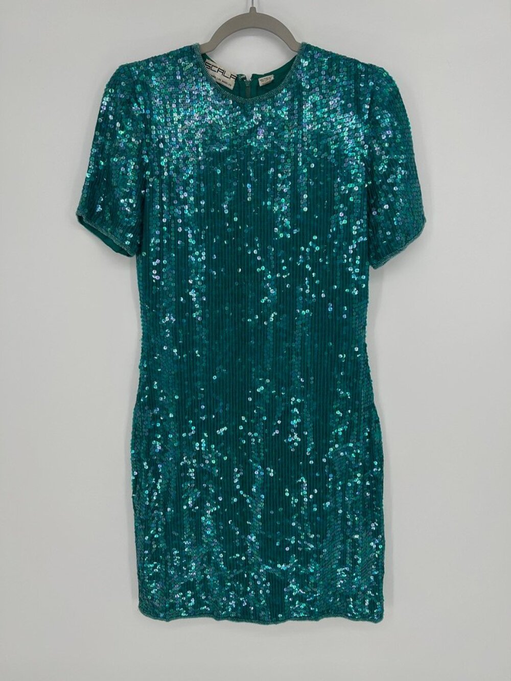Vintage Scala Silk Sequin Mini Dress Teal Turquoise Beaded Party Cocktail Y2K S
